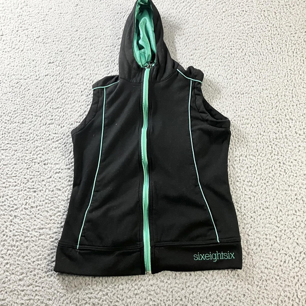 686 Hooded Vest Womens Medium Black Teal Zip Up Sleeveless Snowboarding Athletic